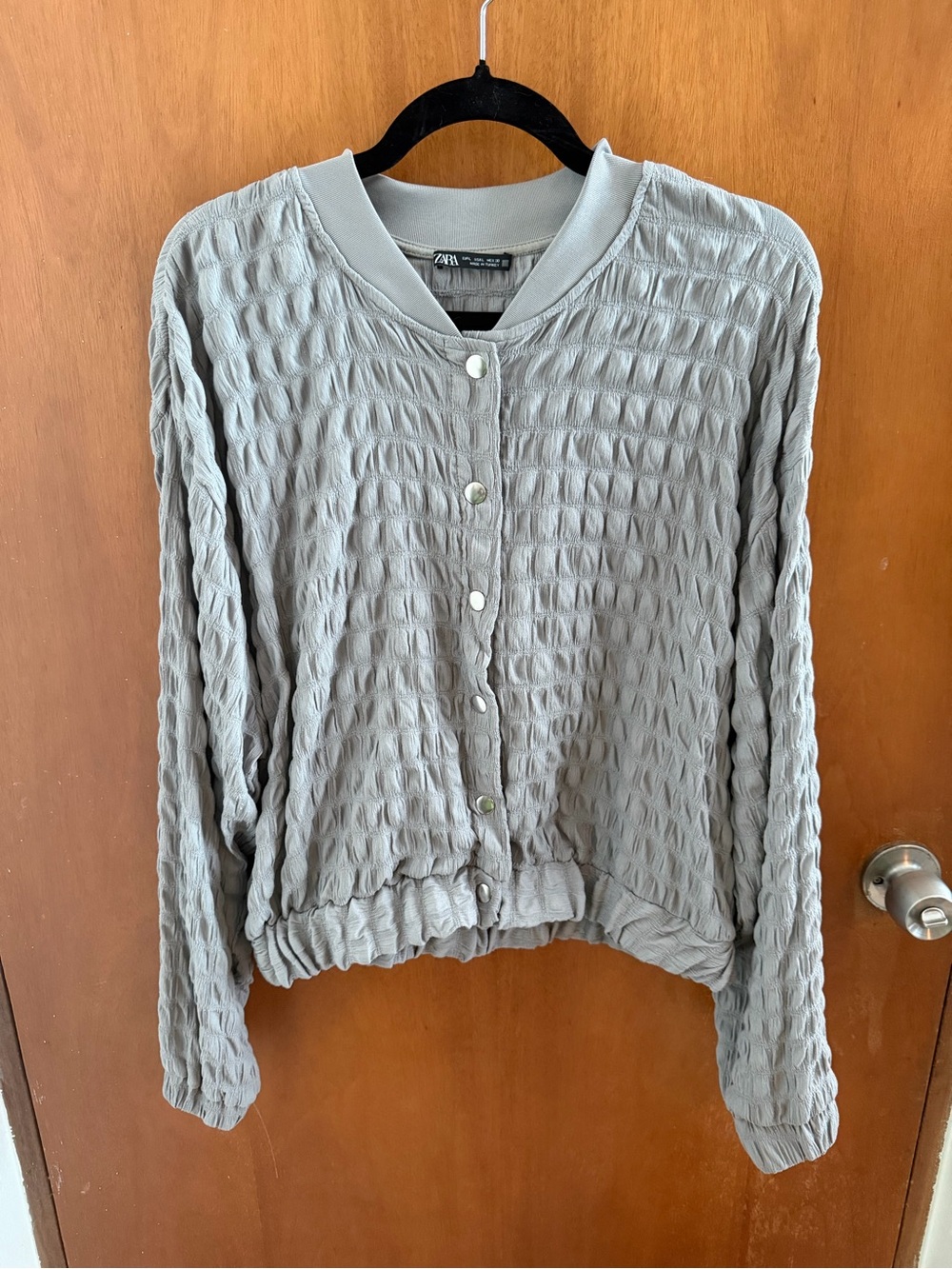 Zara Light Gray Textured Snap-Front Bomber Jacket